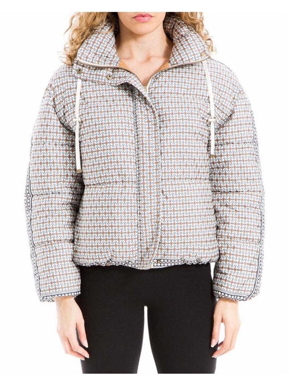 NWT Max Studio Quilted Houndstooth-Pattern Puffer Jacket - Brown & White Size XL
